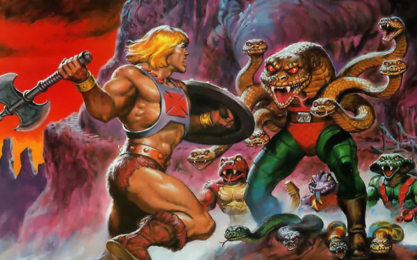 HD PC desktop wallpaper featuring a dynamic comic scene from He-Man and the Masters of the Universe, showing He-Man battling monstrous snake-like creatures.