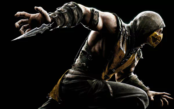 HD desktop wallpaper of Scorpion from Mortal Kombat X. The image depicts Scorpion in a dynamic, action-ready pose with his signature mask and weapon.