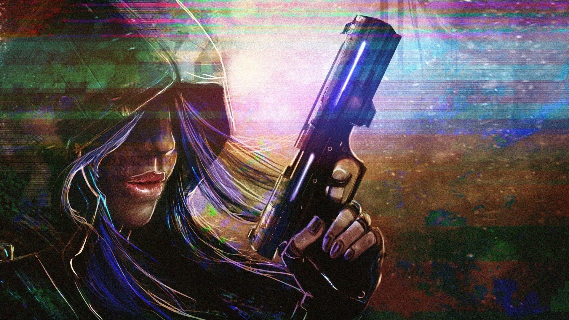 Sci-fi woman warrior in a hood holding a pistol amid neon glitch effects — 2K Quad HD PC desktop wallpaper/background.
