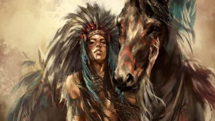 Artistic HD wallpaper depicting a Native American figure in a feathered headdress alongside a majestic horse, rendered in dynamic brushstrokes.