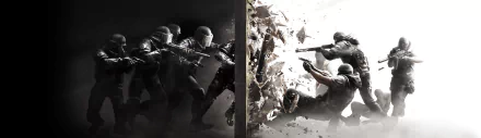 HD desktop wallpaper of Tom Clancy's Rainbow Six: Siege, featuring a dramatic split-screen action scene with tactical operators in combat, showcasing intense and dynamic gameplay moments.