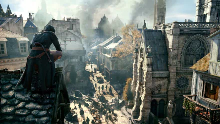 A detailed HD wallpaper from Assassin's Creed: Unity, featuring a cloaked figure surveying a bustling Parisian street, set against an atmospheric skyline with historic architecture.