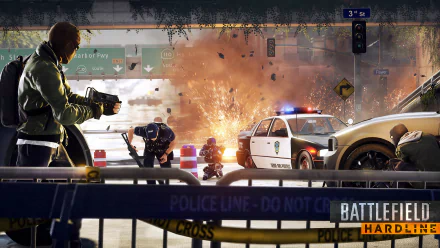 HD PC desktop wallpaper from the video game Battlefield: Hardline, depicting an intense urban shootout with police officers, vehicles, and an explosion.