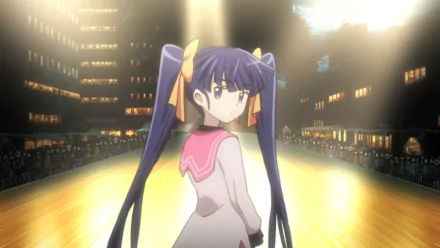 HD wallpaper featuring Akatsuki from Log Horizon with a backdrop of illuminated buildings.