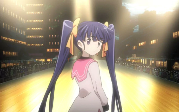 HD wallpaper featuring Akatsuki from Log Horizon with a backdrop of illuminated buildings.