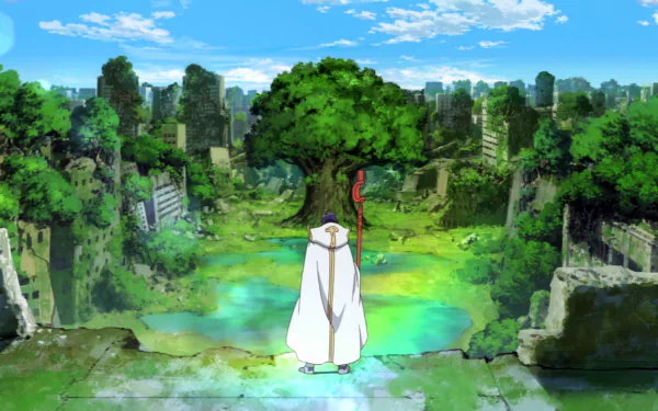 A serene HD wallpaper featuring Shiroe from Log Horizon, standing amidst an overgrown landscape with a massive tree and crumbled structures under a blue sky.