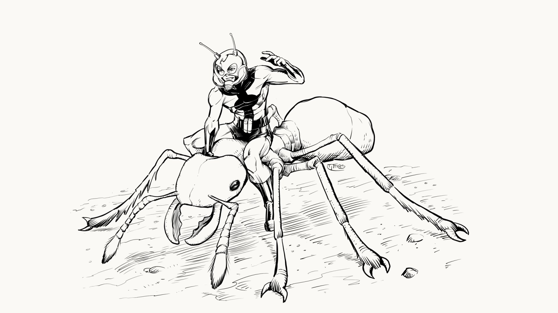 A stylized black-and-white comic illustration features Ant-Man riding a giant ant, set against a minimalist background, designed as an HD desktop wallpaper.