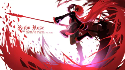 Dynamic HD anime wallpaper featuring Ruby Rose from RWBY, showcasing her in action with vibrant red accents and dramatic swirling effects. A striking addition to any desktop background.
