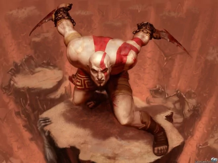 HD desktop wallpaper featuring Kratos from the video game God of War, poised for battle amidst a rocky terrain with intense determination on his face.