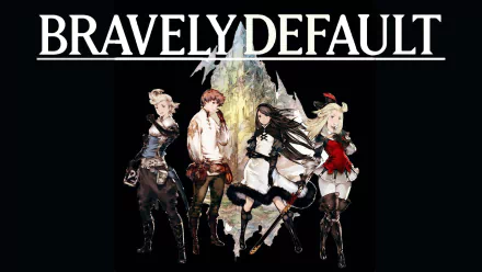 HD PC desktop wallpaper featuring four characters from the video game Bravely Default against a dark background with the game title above them.
