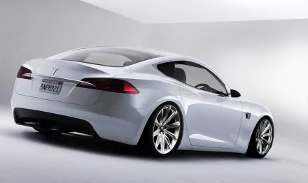 HD desktop wallpaper of a sleek Tesla car on a clean background, emphasizing luxury and innovation.