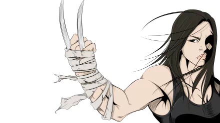 Comic X-23 portrait with bandaged arm and extended claws, cropped on a white background — 5K Ultra HD PC desktop wallpaper and background.