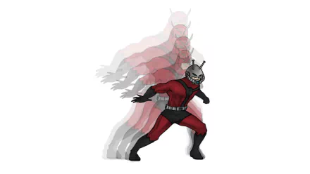 A dynamic comic-style illustration of Ant-Man, showcasing action with multiple motion effects against a simple background, designed for an HD PC desktop wallpaper.