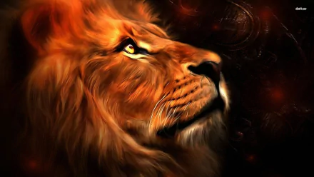 HD wallpaper featuring a majestic lion with a flowing mane, set against a dark, dramatic backdrop. The lion gazes upward, lit by a warm glow.