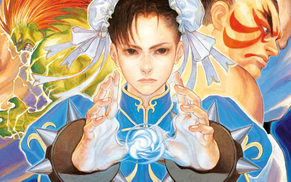 HD PC desktop wallpaper of Super Street Fighter II: Chun-Li center forming a glowing energy orb, flanked by two intense rival fighters in dynamic painted game art.