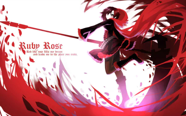 Dynamic HD anime wallpaper featuring Ruby Rose from RWBY, showcasing her in action with vibrant red accents and dramatic swirling effects. A striking addition to any desktop background.