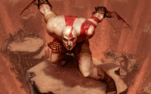 HD desktop wallpaper featuring Kratos from the video game God of War, poised for battle amidst a rocky terrain with intense determination on his face.
