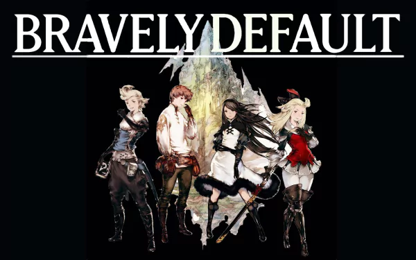 HD PC desktop wallpaper featuring four characters from the video game Bravely Default against a dark background with the game title above them.