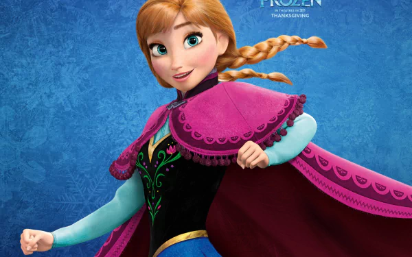 A vibrant HD wallpaper featuring Anna from the movie Frozen, showcasing her playful spirit against a beautifully textured blue background.