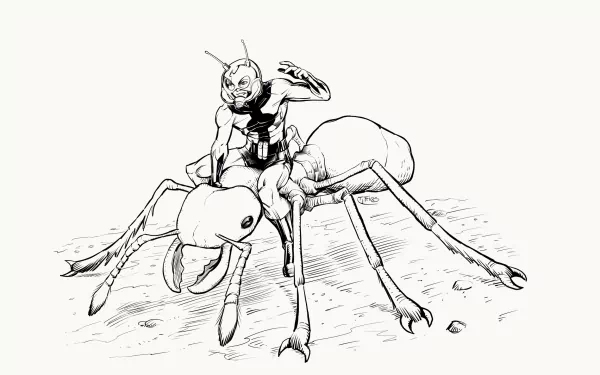 A stylized black-and-white comic illustration features Ant-Man riding a giant ant, set against a minimalist background, designed as an HD desktop wallpaper.