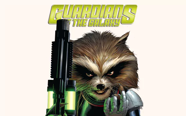 HD PC desktop wallpaper featuring a comic-style Rocket Raccoon from Guardians of the Galaxy holding a large futuristic gun.