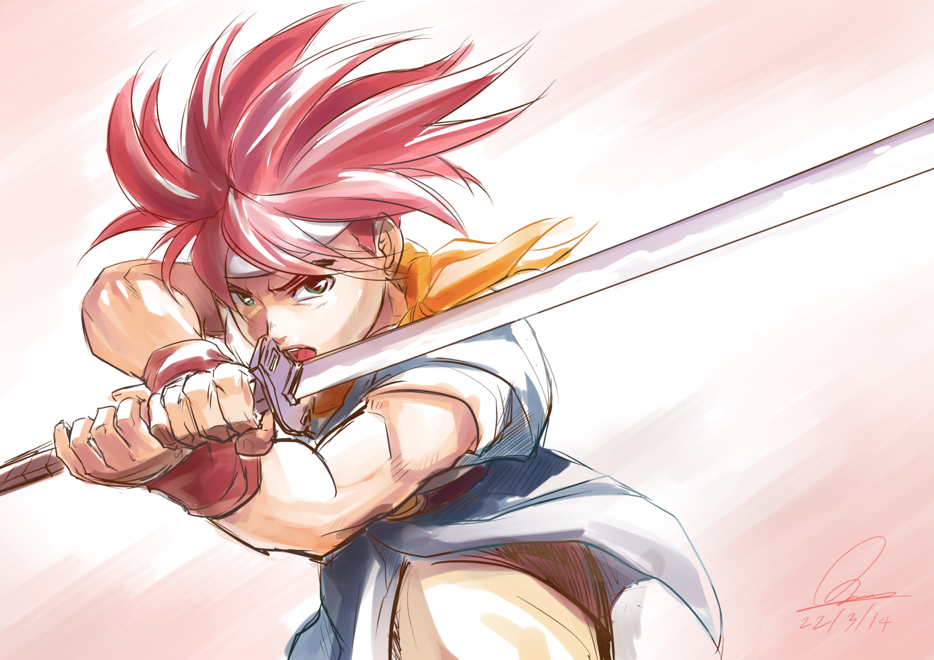 HD PC wallpaper of Chrono from Chrono Trigger lunging with a glowing sword against a soft pink-white background.