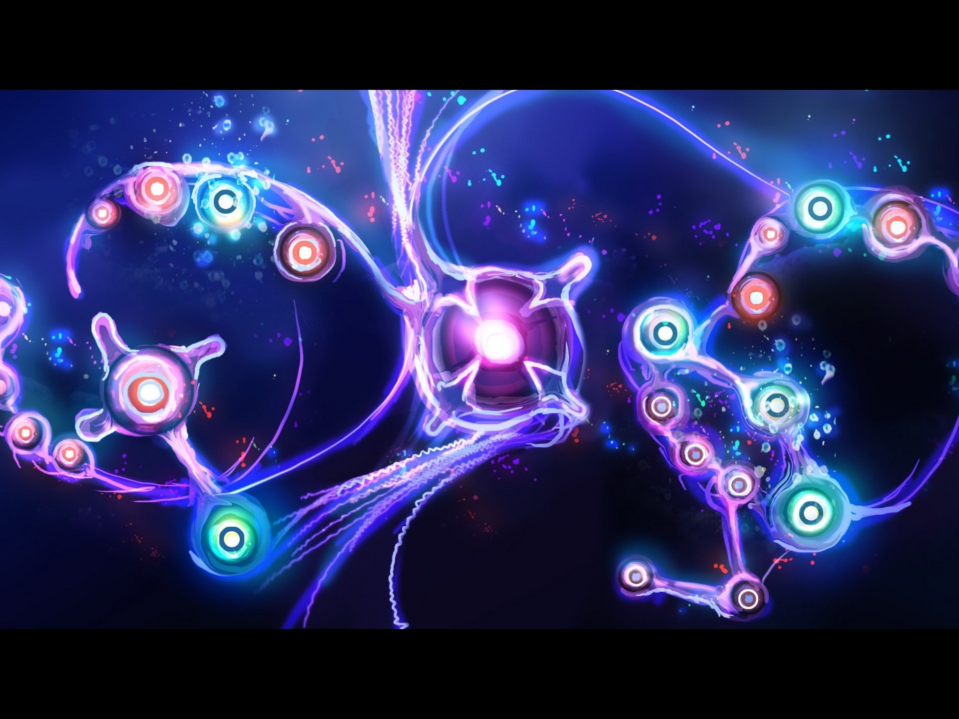 HD PC desktop wallpaper featuring vibrant, glowing abstract shapes inspired by the video game Child of Eden, showcasing a dynamic, colorful digital art style.