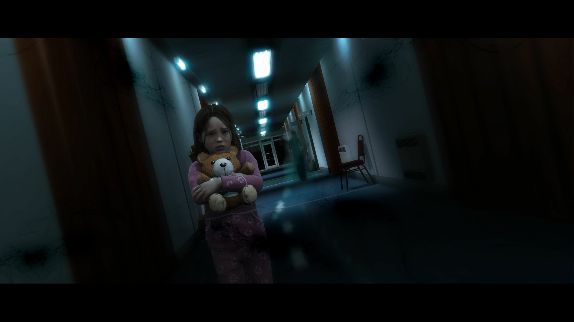 4K Ultra HD wallpaper from the video game Beyond: Two Souls, featuring a girl holding a teddy bear in a dimly lit, eerie hallway.