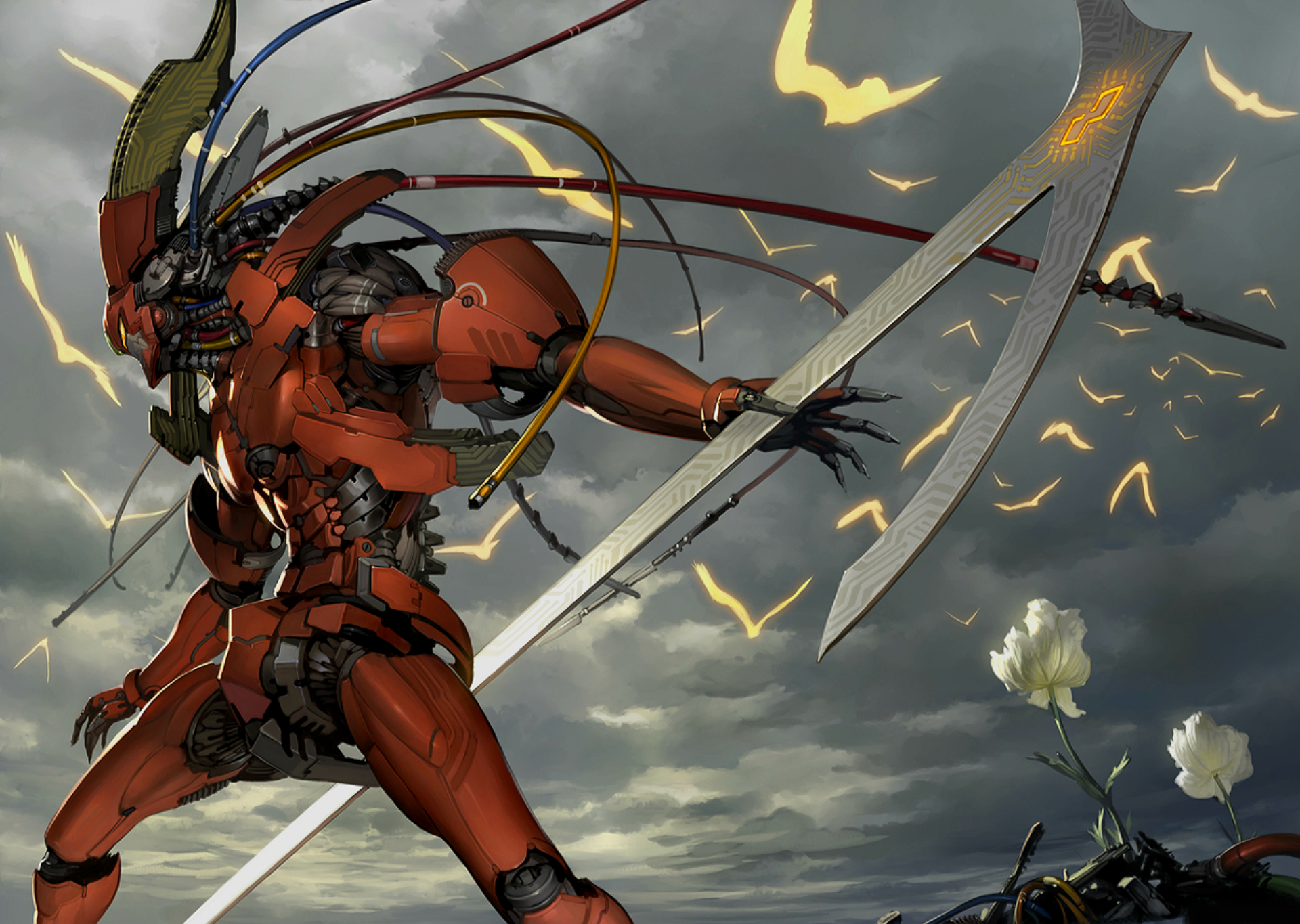 Anime-style original artwork depicting a futuristic red armored warrior with large blades, set against a moody sky, designed as an HD PC desktop wallpaper.