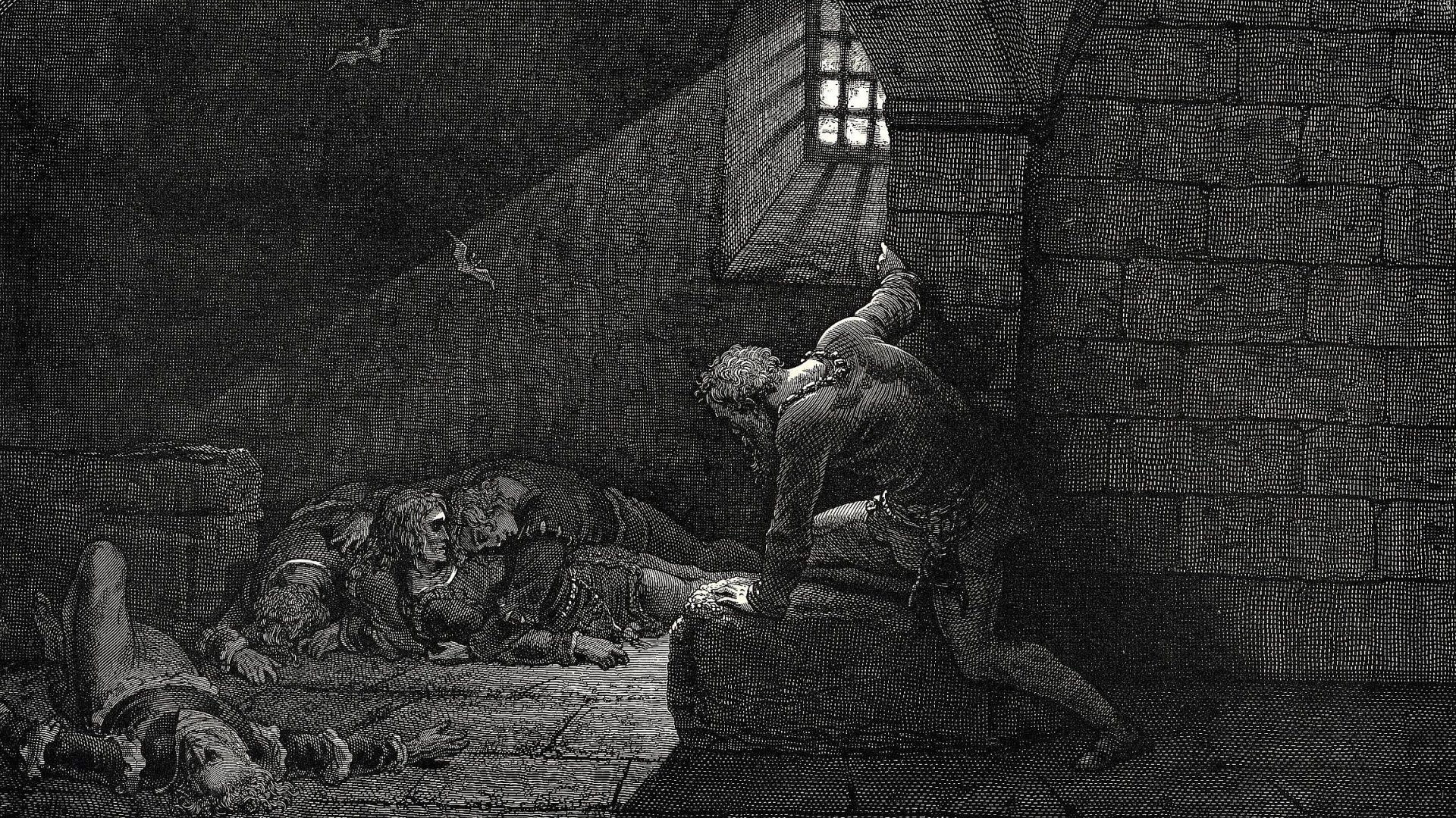 Artistic black and white illustration of a prisoner attempting escape in a dimly lit dungeon, rendered in high definition for PC desktop wallpaper and background.