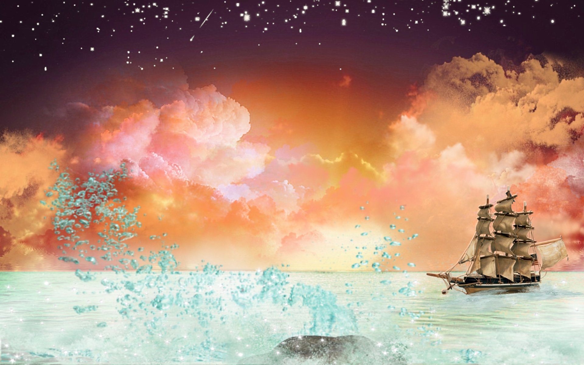 HD PC desktop wallpaper: a fantasy tropical ocean at sunset with a tall sailing ship gliding across turquoise waves under radiant clouds and starlit skies.