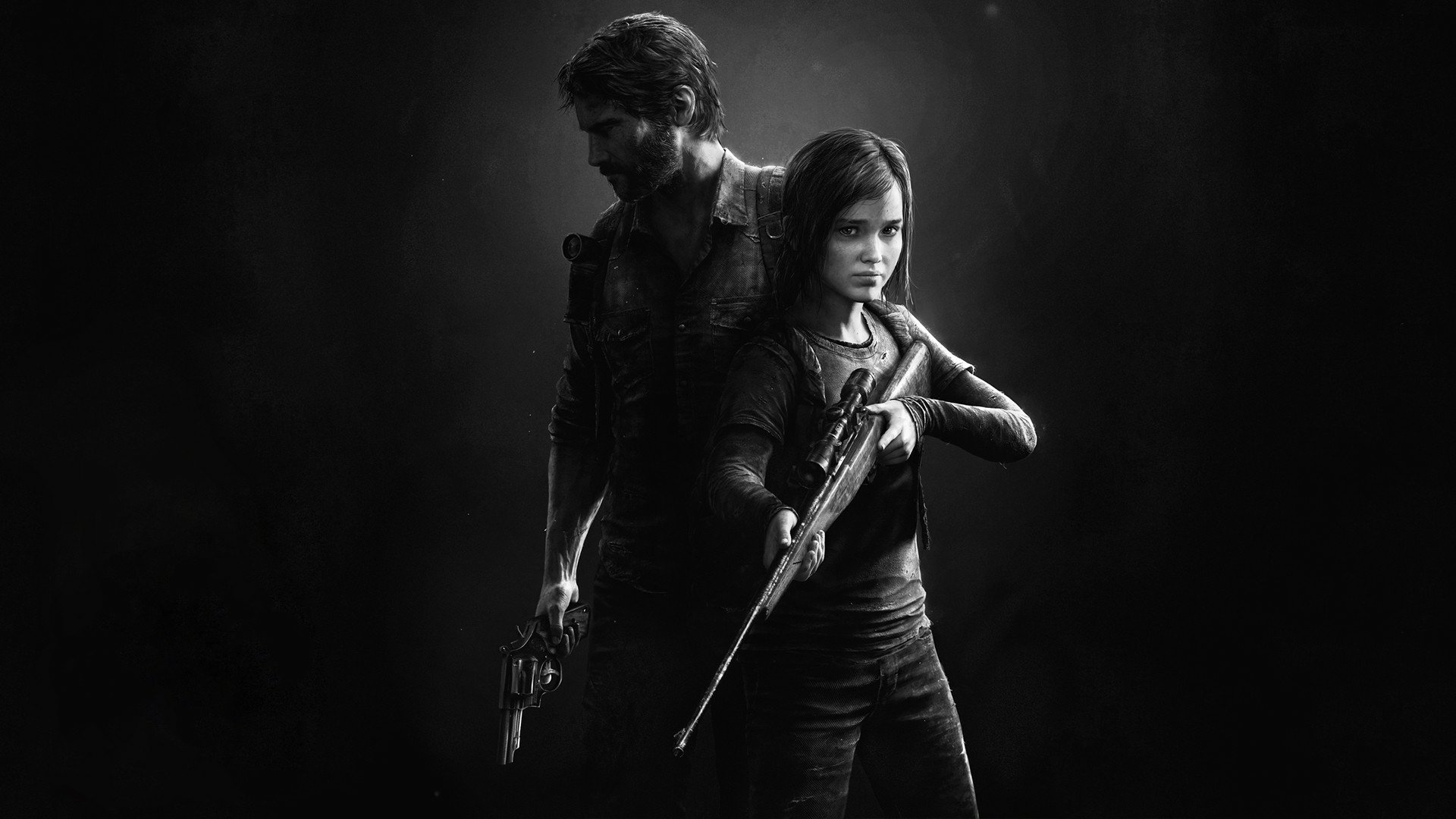 HD PC desktop wallpaper featuring characters from the video game The Last of Us, showing a man and a girl armed and ready in a dark, dramatic setting.