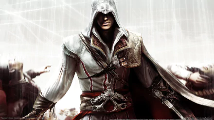 HD PC desktop wallpaper featuring the hooded protagonist from the video game Assassin's Creed II in his iconic white assassin outfit.