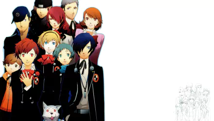 HD PC desktop wallpaper featuring characters from the video game Persona 3 Portable, showcasing the main cast against a bright white background.