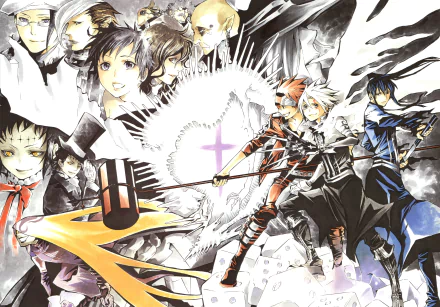 A striking 4K Ultra HD wallpaper featuring characters Tyki Mikk, Lenalee Lee, Lavi, Allen Walker, and Yu Kanda from the anime D.Gray-man, surrounded by dynamic, dramatic artwork.