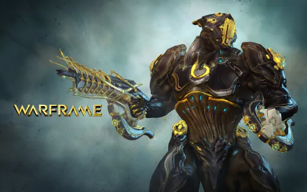 HD PC desktop wallpaper featuring a detailed Warframe character from the video game Warframe, showcasing futuristic armor and a glowing weapon.