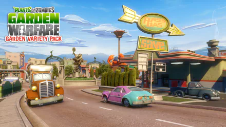 HD desktop wallpaper of Plants vs. Zombies: Garden Warfare, showcasing a vibrant in-game scene with a retro gas station and colorful cars in a suburban setting.