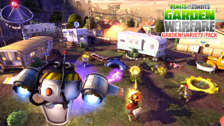 HD desktop wallpaper of Plants vs. Zombies: Garden Warfare, featuring Sunflower, Chomper, Engineer Zombie, and Foot Soldier Zombie in a vibrant battle scene with trailers in the background.