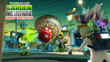 HD desktop wallpaper featuring characters from Plants vs. Zombies: Garden Warfare, including Cactus, Peashooter, and Scientist Zombie, battling in a vibrant, animated environment.