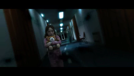 4K Ultra HD wallpaper from the video game Beyond: Two Souls, featuring a girl holding a teddy bear in a dimly lit, eerie hallway.