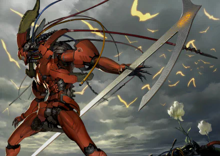 Anime-style original artwork depicting a futuristic red armored warrior with large blades, set against a moody sky, designed as an HD PC desktop wallpaper.