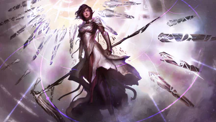 Fantasy HD desktop wallpaper featuring an angel warrior in a coat, wielding a scythe surrounded by ethereal light and floating crystals.