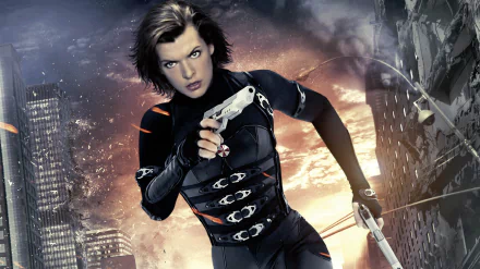 Action-packed 4K Ultra HD wallpaper featuring a character from Resident Evil: Retribution, holding a firearm against a backdrop of a dystopian city skyline.