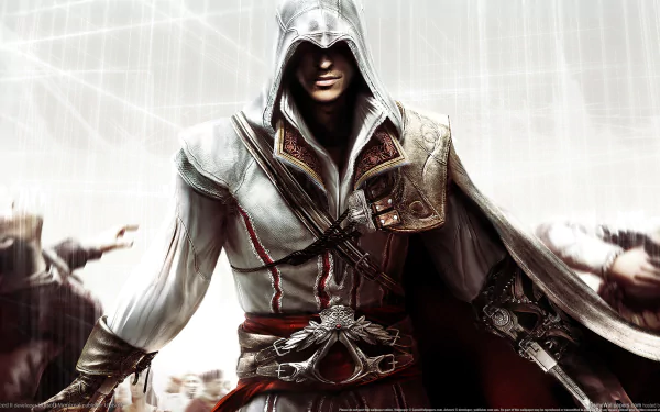 HD PC desktop wallpaper featuring the hooded protagonist from the video game Assassin's Creed II in his iconic white assassin outfit.