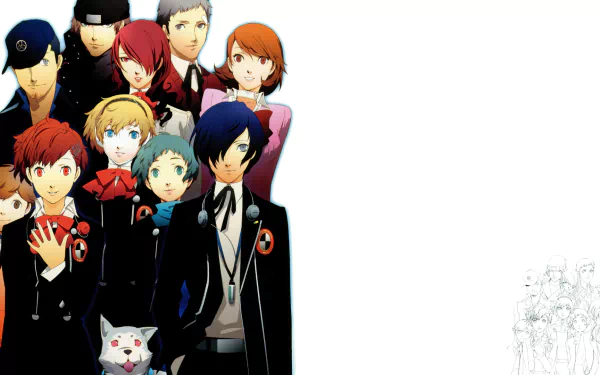 HD PC desktop wallpaper featuring characters from the video game Persona 3 Portable, showcasing the main cast against a bright white background.