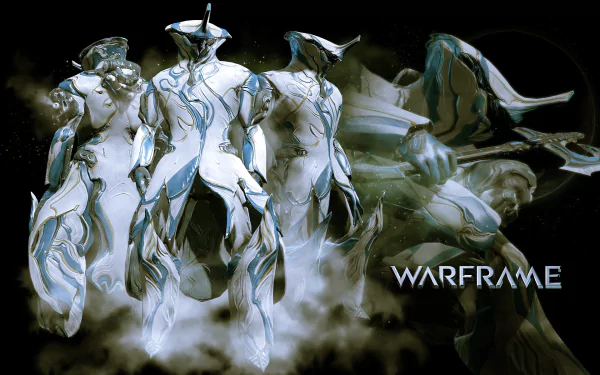 HD PC desktop wallpaper featuring stylized Warframe characters from the video game Warframe, set against a smoky, dark background with the game's logo.