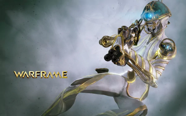 HD PC desktop wallpaper featuring a futuristic armored character from the video game Warframe aiming a weapon against a misty, atmospheric background.