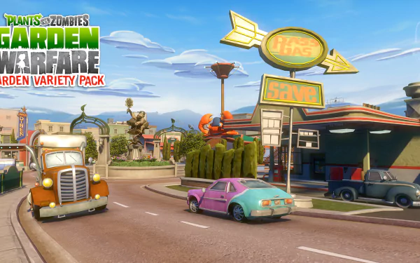 HD desktop wallpaper of Plants vs. Zombies: Garden Warfare, showcasing a vibrant in-game scene with a retro gas station and colorful cars in a suburban setting.