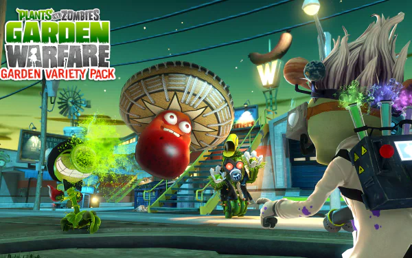 HD desktop wallpaper featuring characters from Plants vs. Zombies: Garden Warfare, including Cactus, Peashooter, and Scientist Zombie, battling in a vibrant, animated environment.