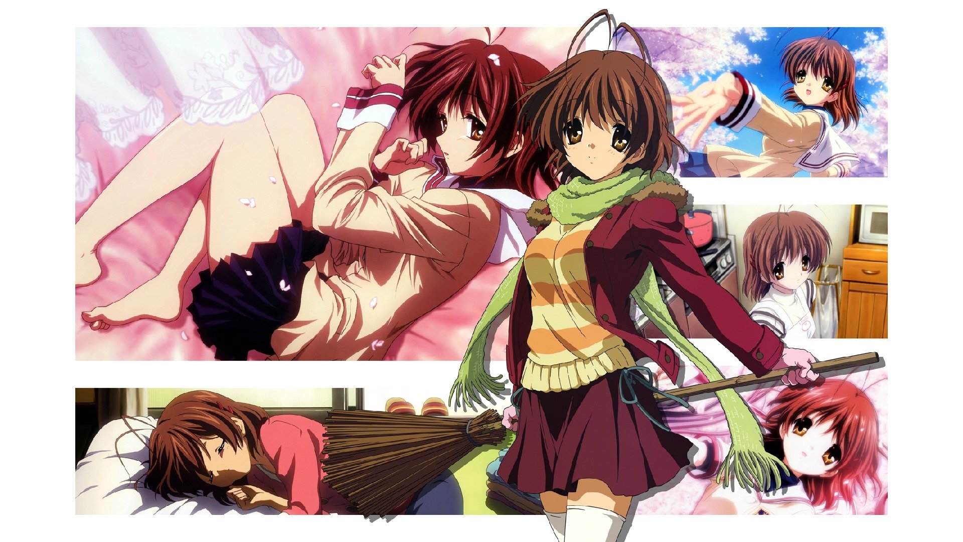HD PC desktop wallpaper featuring Nagisa Furukawa from the anime Clannad in various scenes, showcasing her gentle and lively personality.